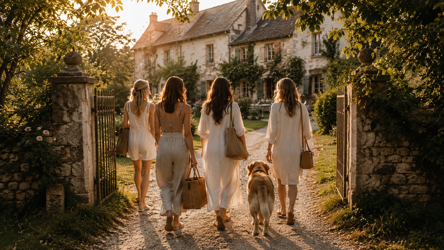 A small group walking toward a home in warm evening light