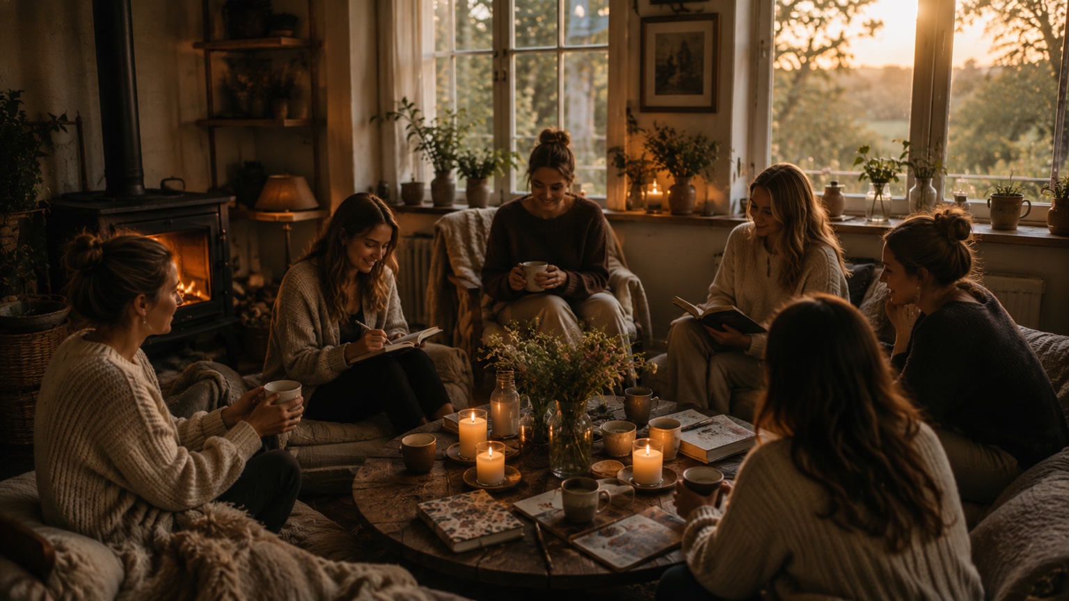 People together in a warm room with books and tea