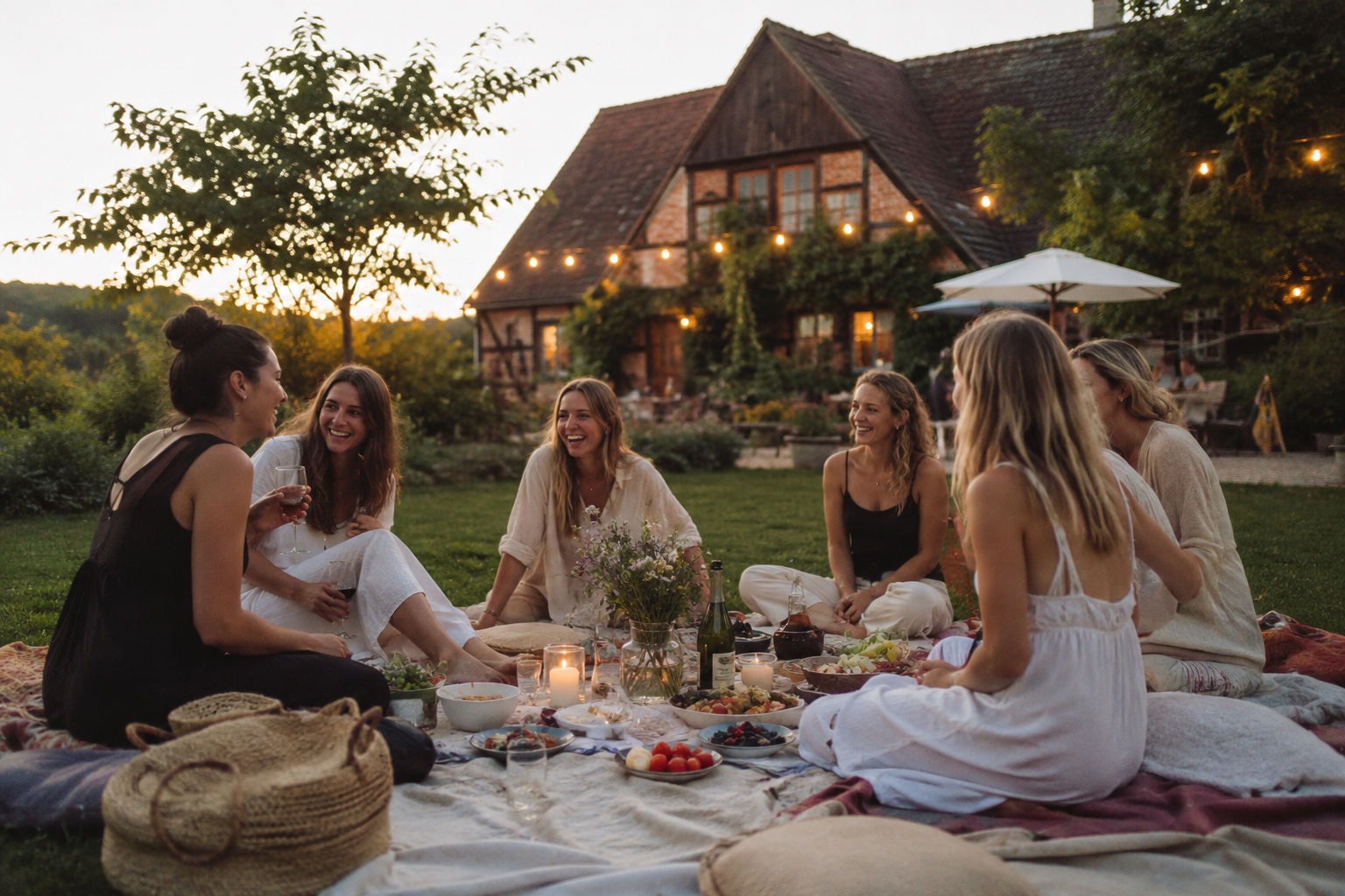 Friends sharing food and conversation outdoors