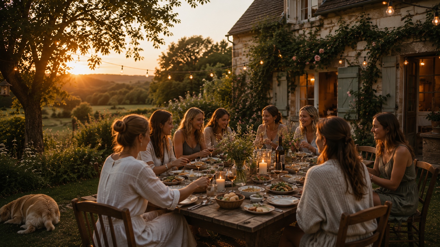 A group gathered around a long table in golden light